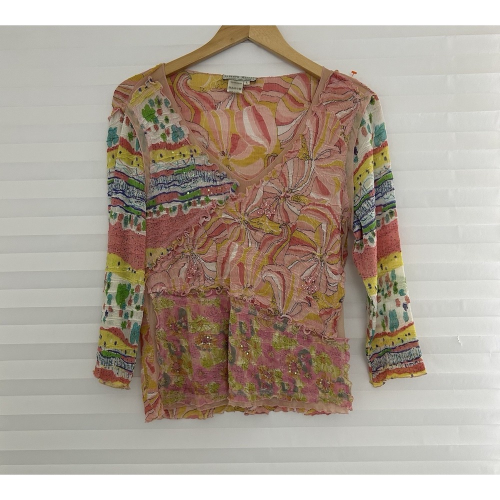Alberto Mikali Shirt Top Size L 3/4 Sleeve V Neck Stretch Embellished Textured